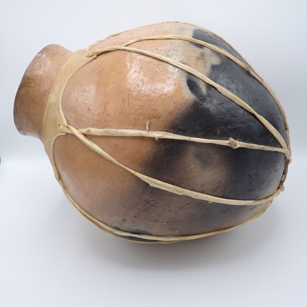 Large Rawhide Laced Clay Olla Tarahumara Style Southwest Pottery 14in